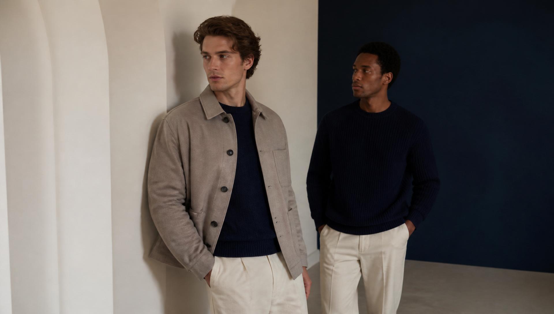 The house look — layered navy field jacket over a stone crew tee